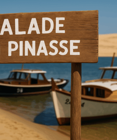 Panneau "Balade en pinasse" devant des bateaux sur le bassin d’Arcachon au Cap Ferret – Pinasse Cap Ferret