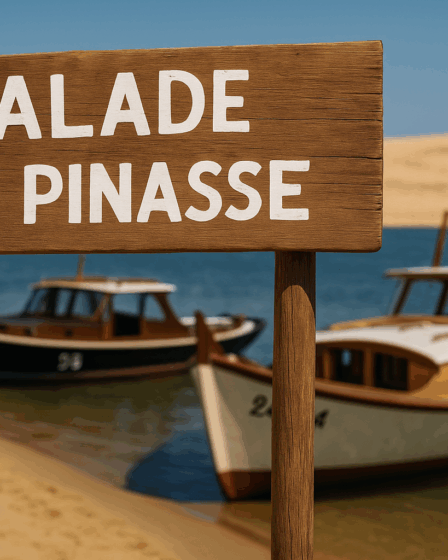 Panneau "Balade en pinasse" devant des bateaux sur le bassin d’Arcachon au Cap Ferret – Pinasse Cap Ferret