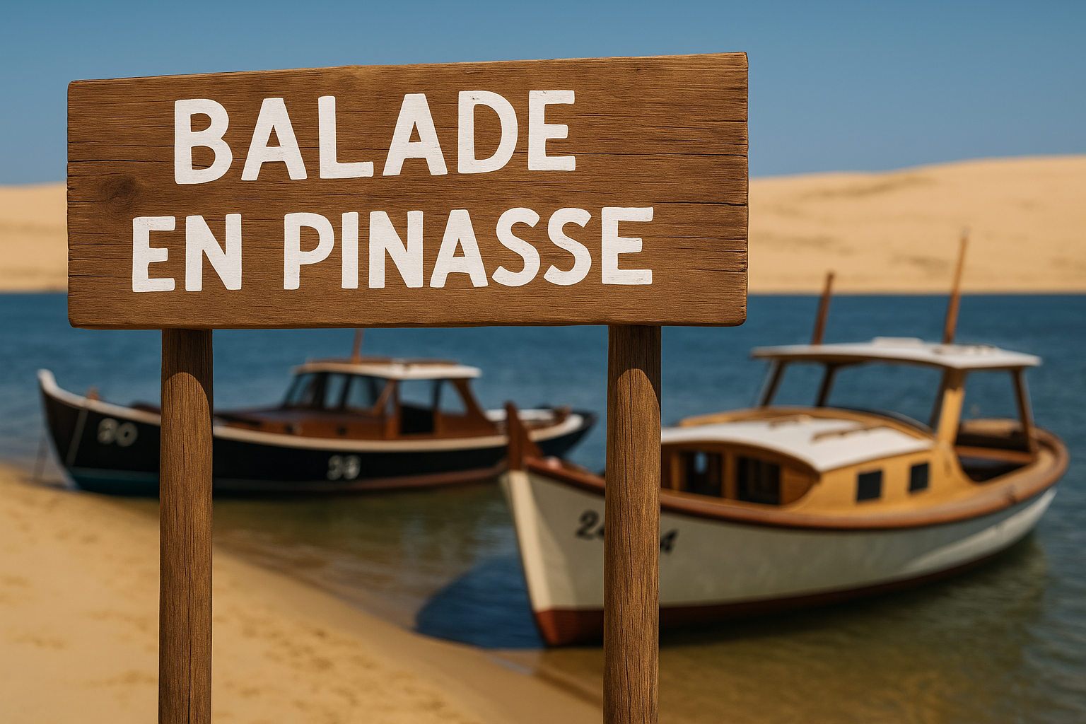 Panneau "Balade en pinasse" devant des bateaux sur le bassin d’Arcachon au Cap Ferret – Pinasse Cap Ferret